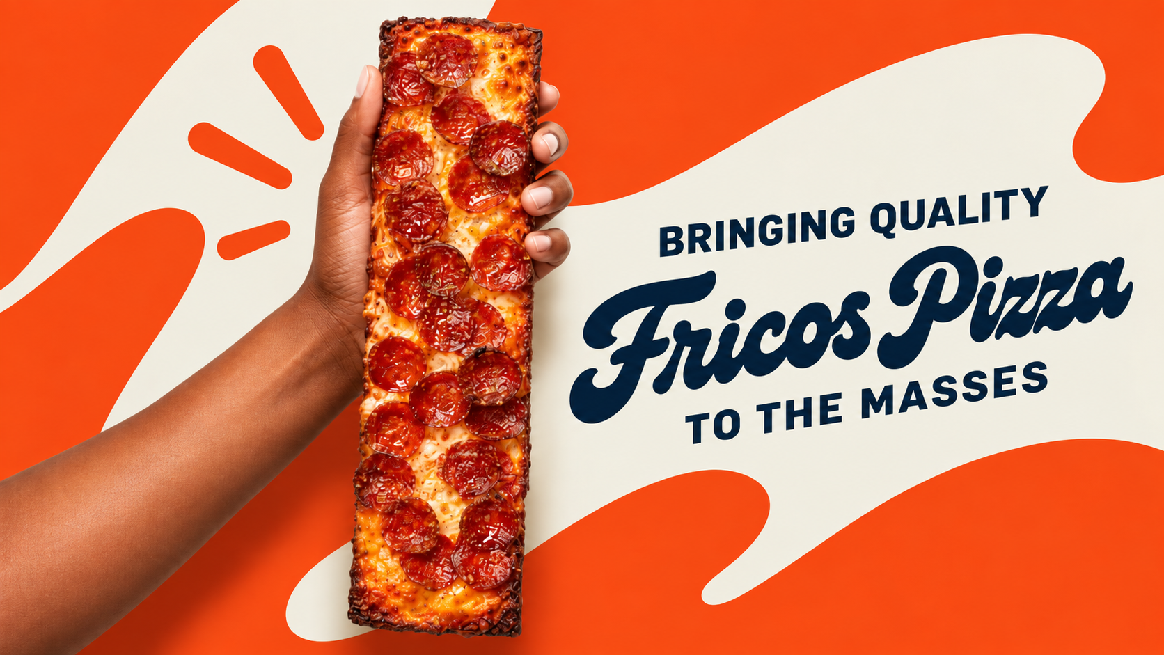 A hand holding a long Fricos Detroit-style pepperoni pizza